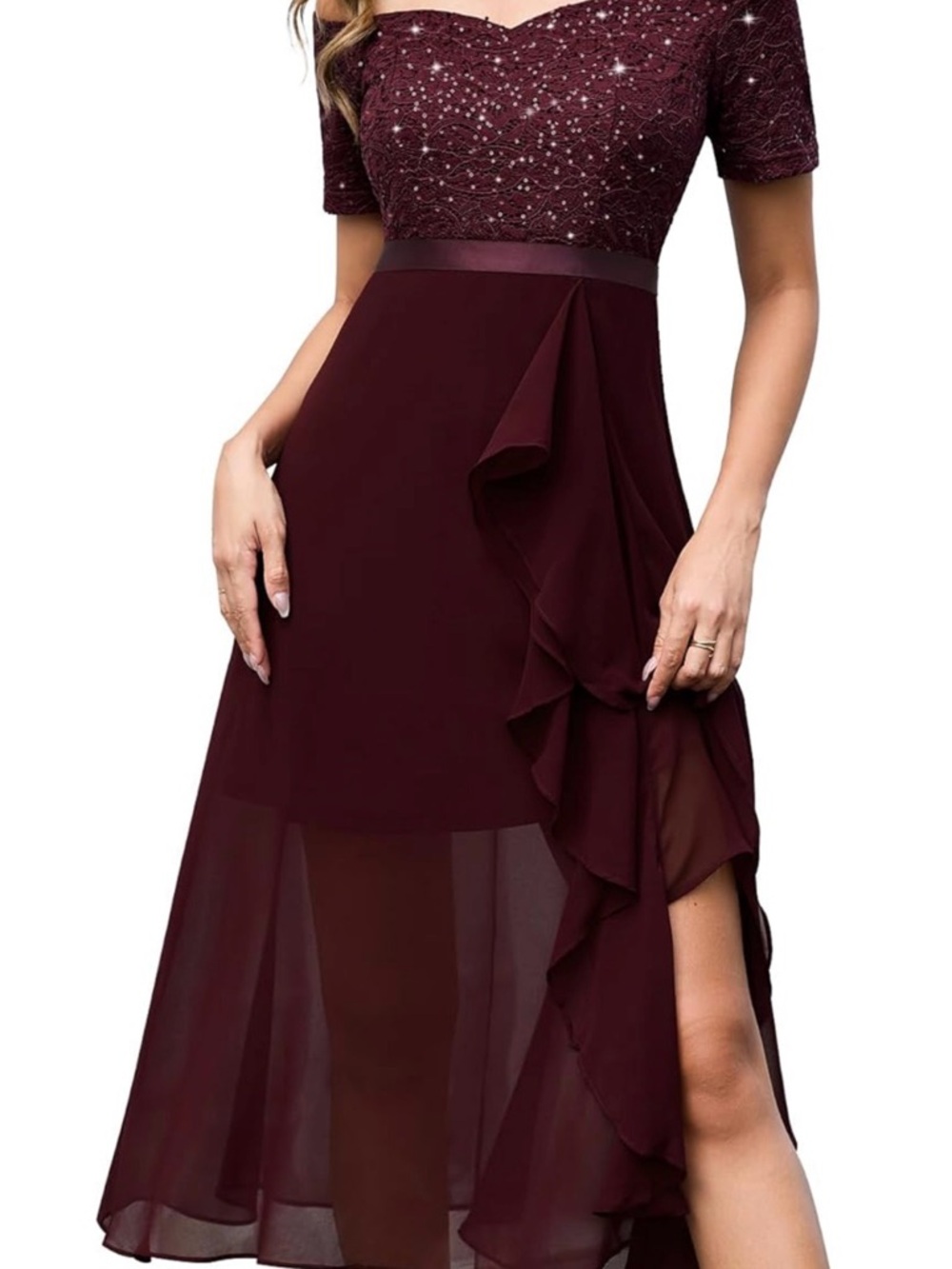 Elegant Burgundy Off-Shoulder High-Low Evening Dress